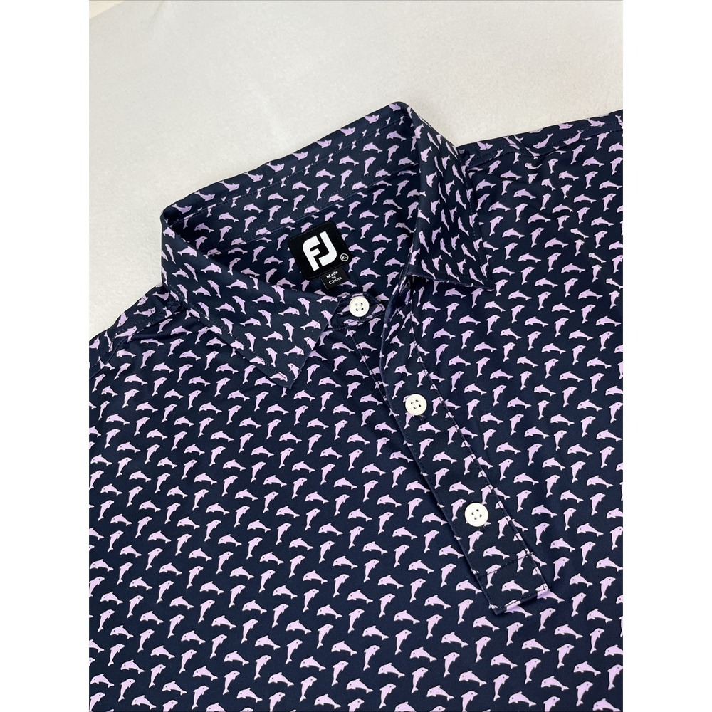 FootJoy Polo Shirt Mens Extra Large Navy Pink Dolphin Print Golf Performance